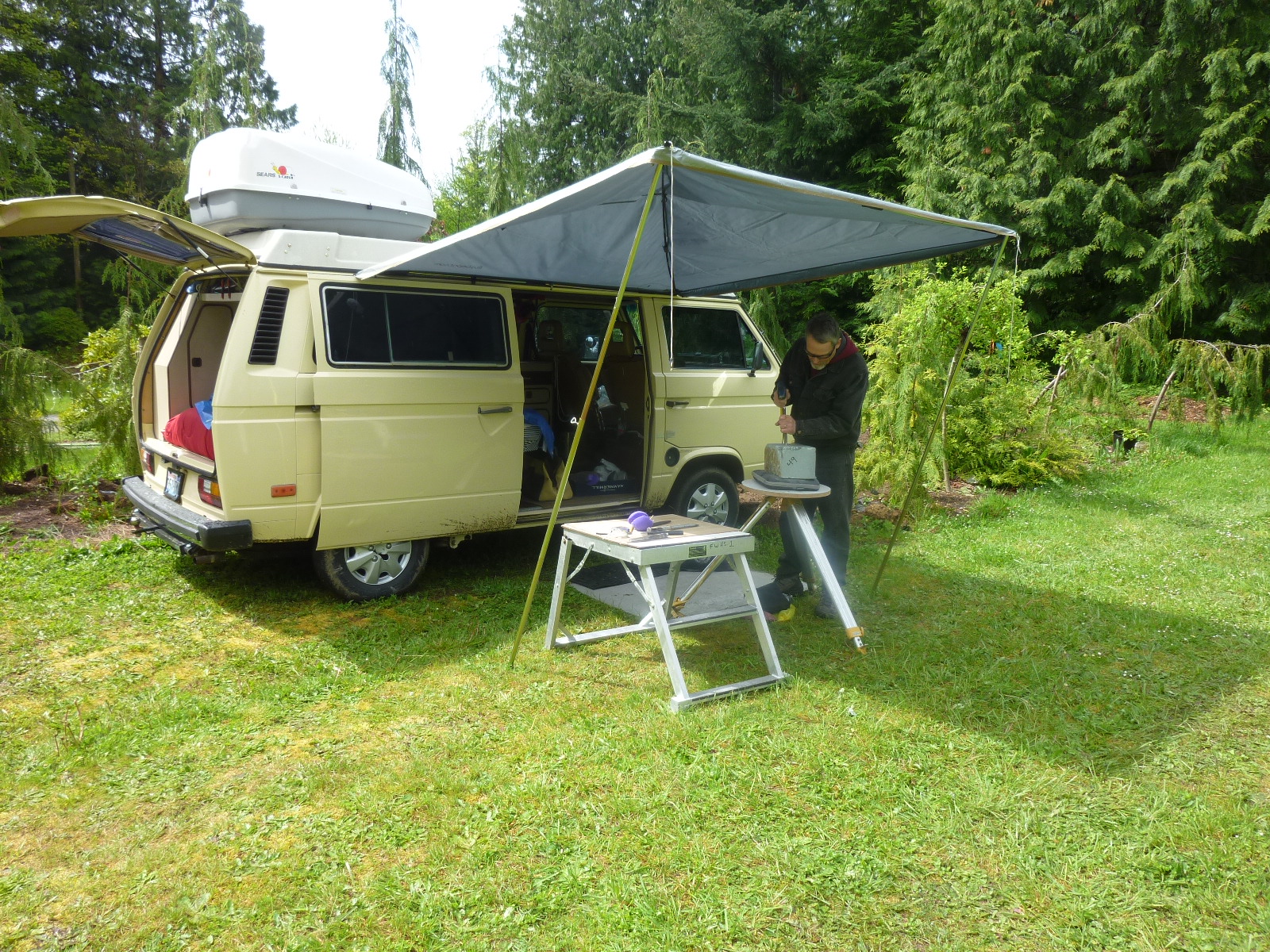 Paul Sizer spent a year touring the US in this Vanagon before bringing it to the workshop as his pop-up tent. 