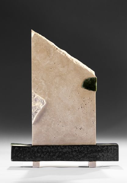 "For Flaws and Perfection" 24" high, travertine with jade inlay & basalt base, Gerda Lattey