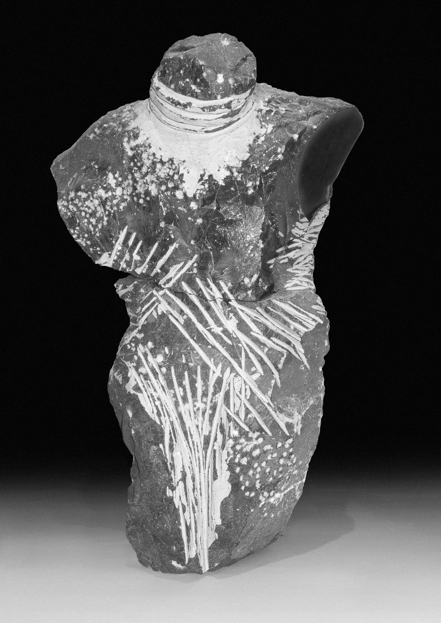 “Torso”, Canadian marble, 17”H x 11”Wx 5”D. While sculpting this piece, I accidentally broke it in half. I was able to highly polish parts that would have been inaccessible had it remained intact.
