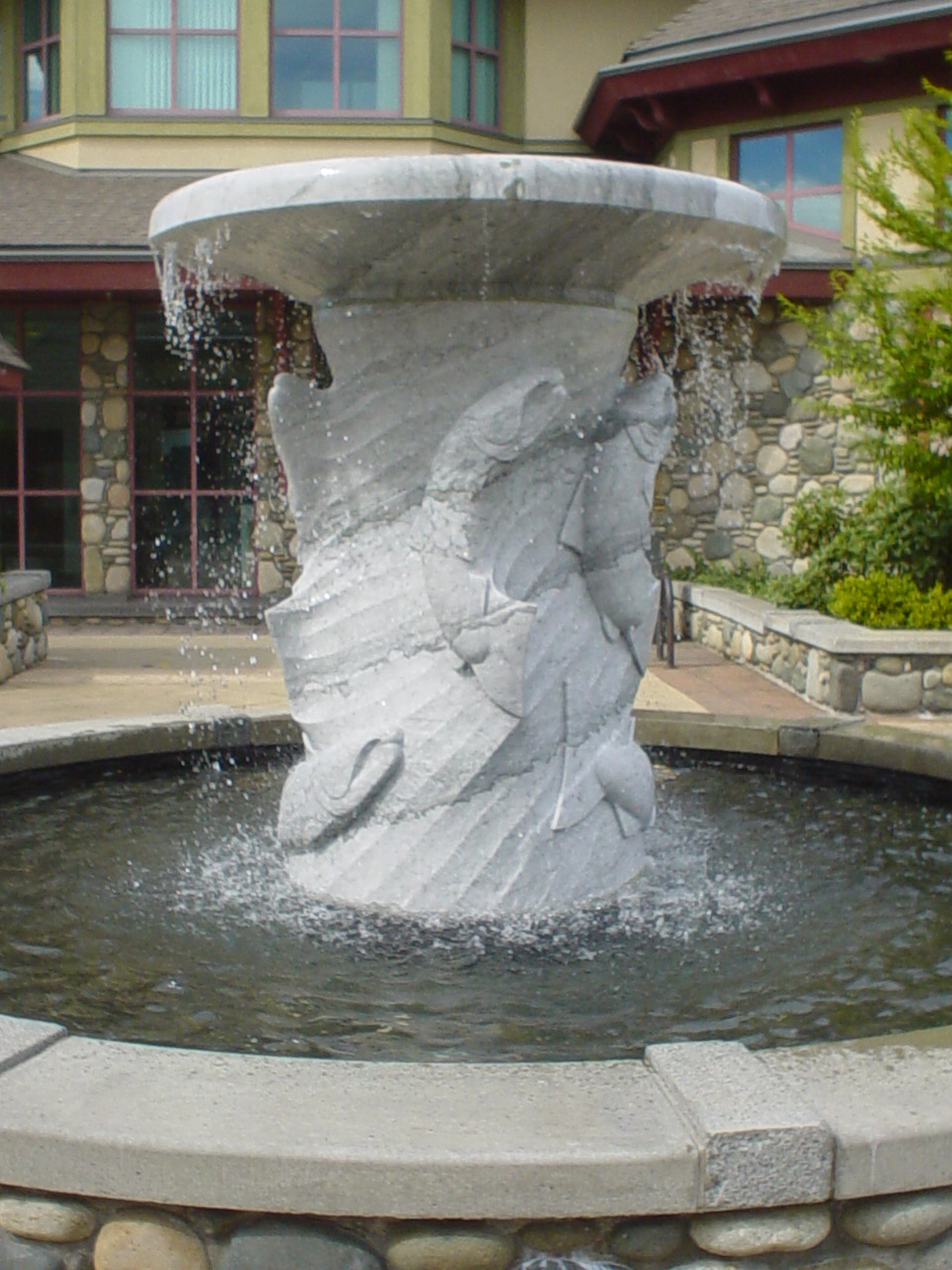 SALMON FOUNTAIN Leo dor marble 7 feet tall 2004 Municipal Hall Qualicum Beach BC