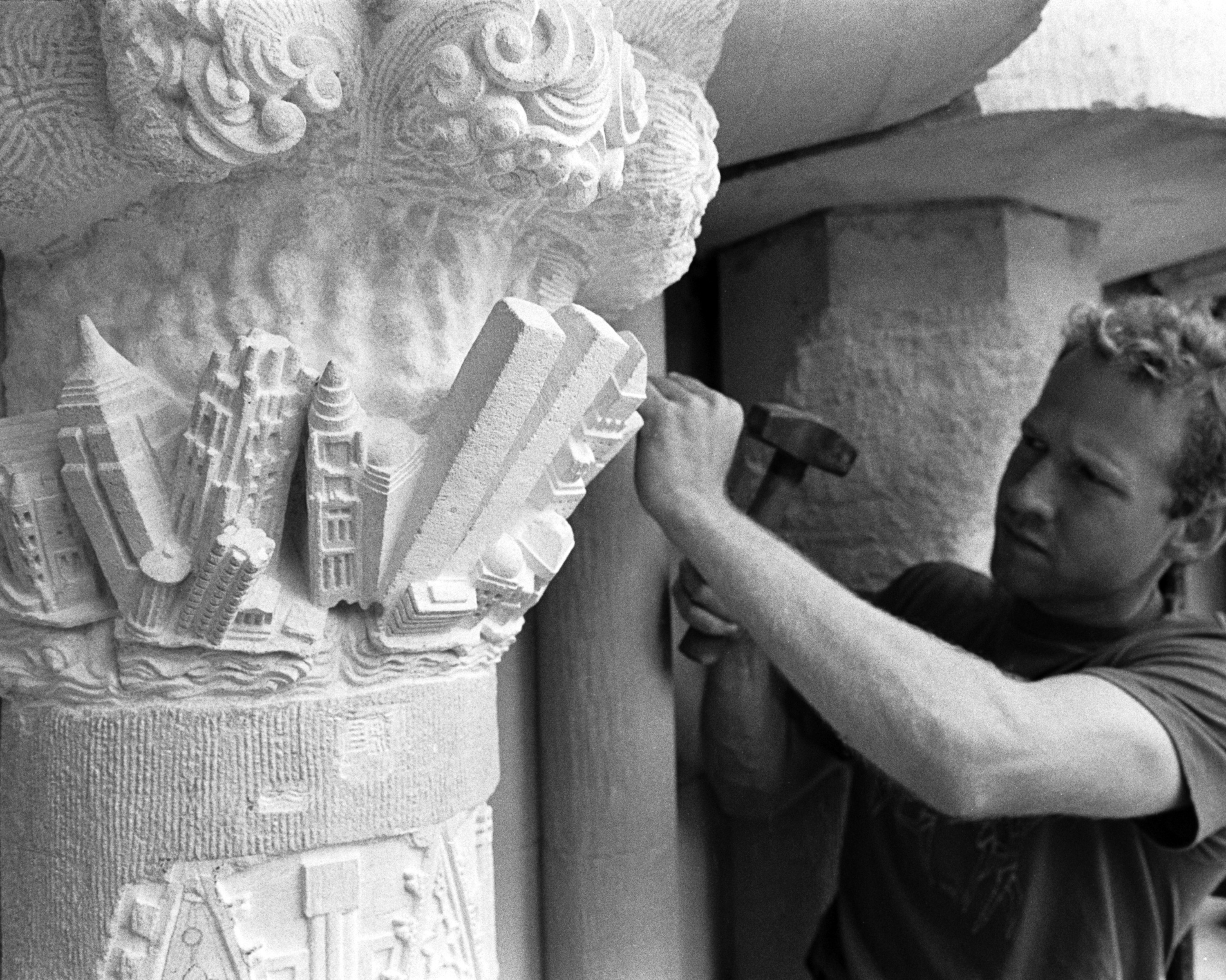 2) Roughing out statue blocks placed in 1920's of Cathedral central portal, 1988 - Photo: Robert Rodriguez