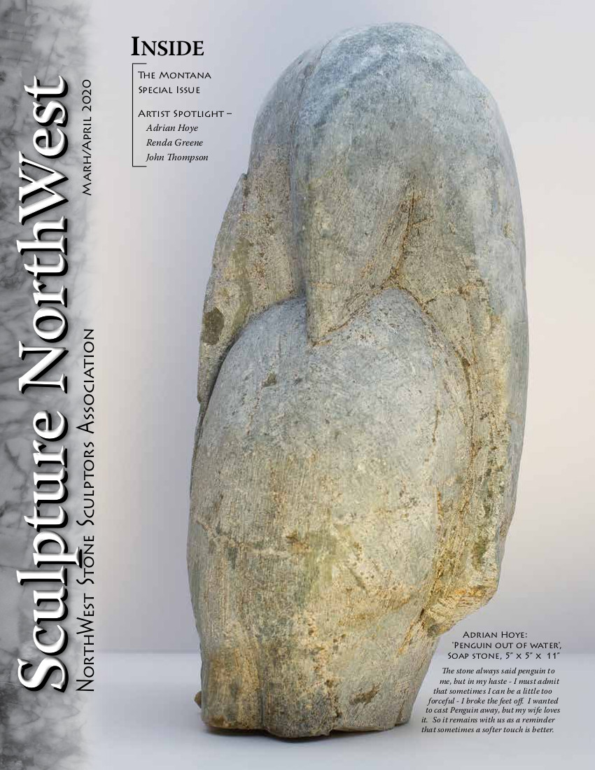 Sculpture Northwest cover art "Penguin Out of Water", soapstone by Adrian Hoye